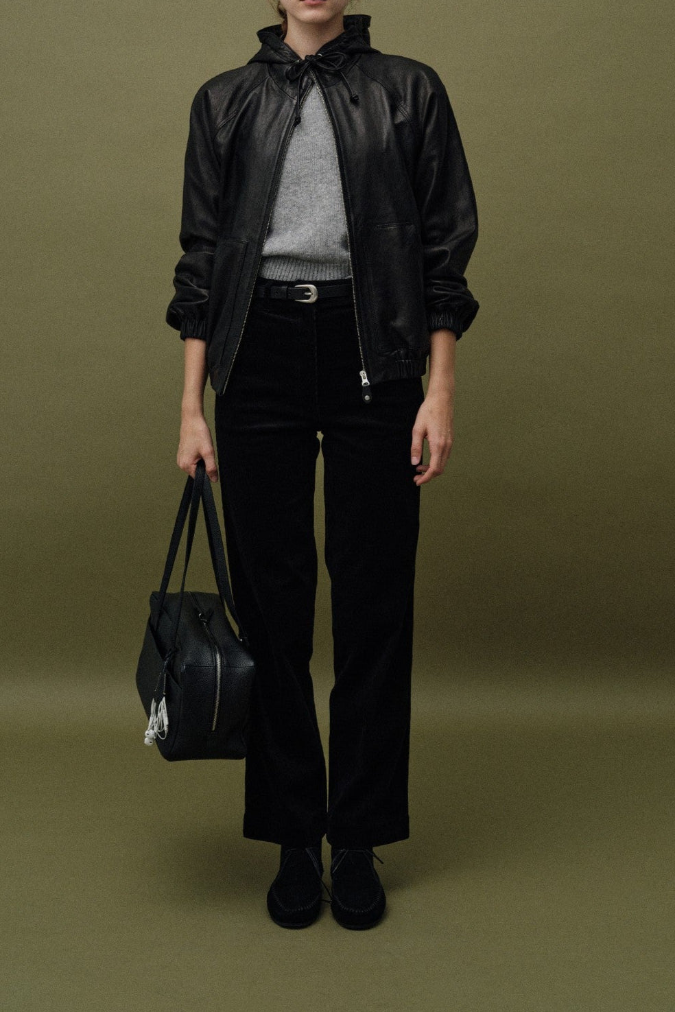 HOODED LEATHER BLOUSON JACKET