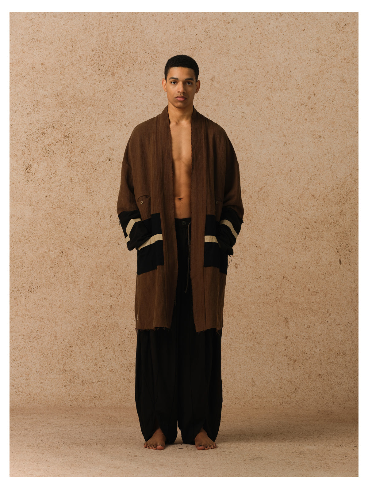 Morin Khuur | Brown striped patchwork Taoist robe coat