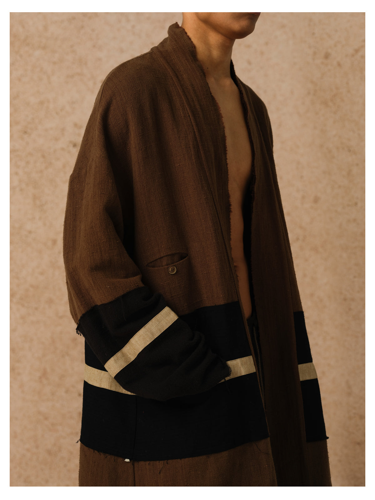 Morin Khuur | Brown striped patchwork Taoist robe coat