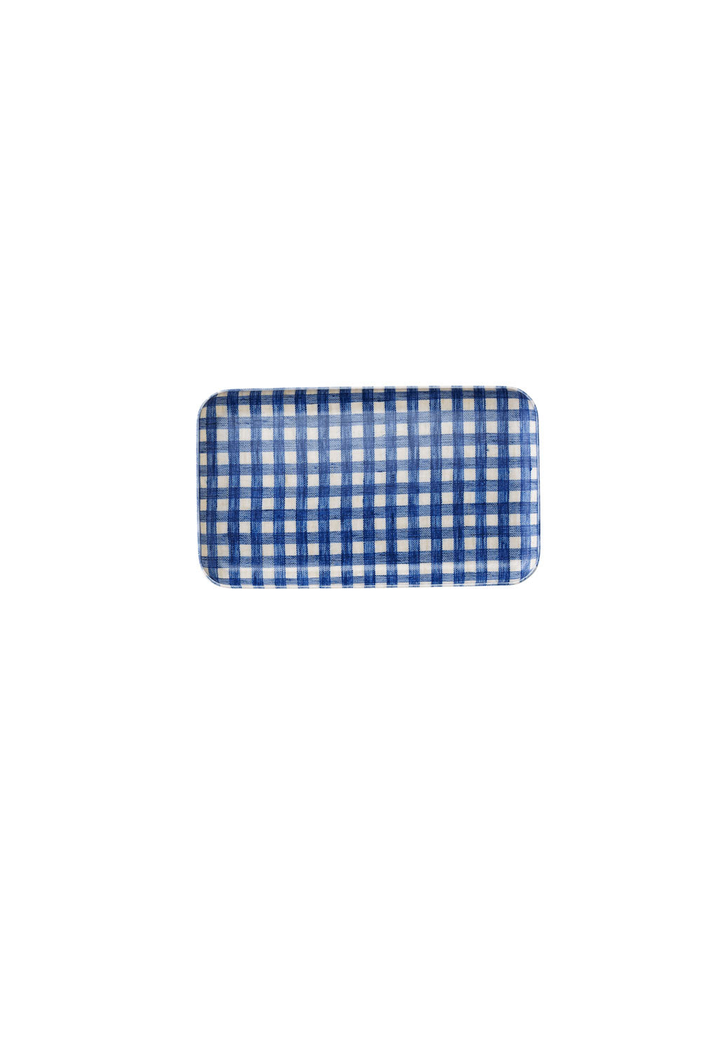 Linen tray in blue and white checkered pattern, perfect for storing office supplies or snacks.