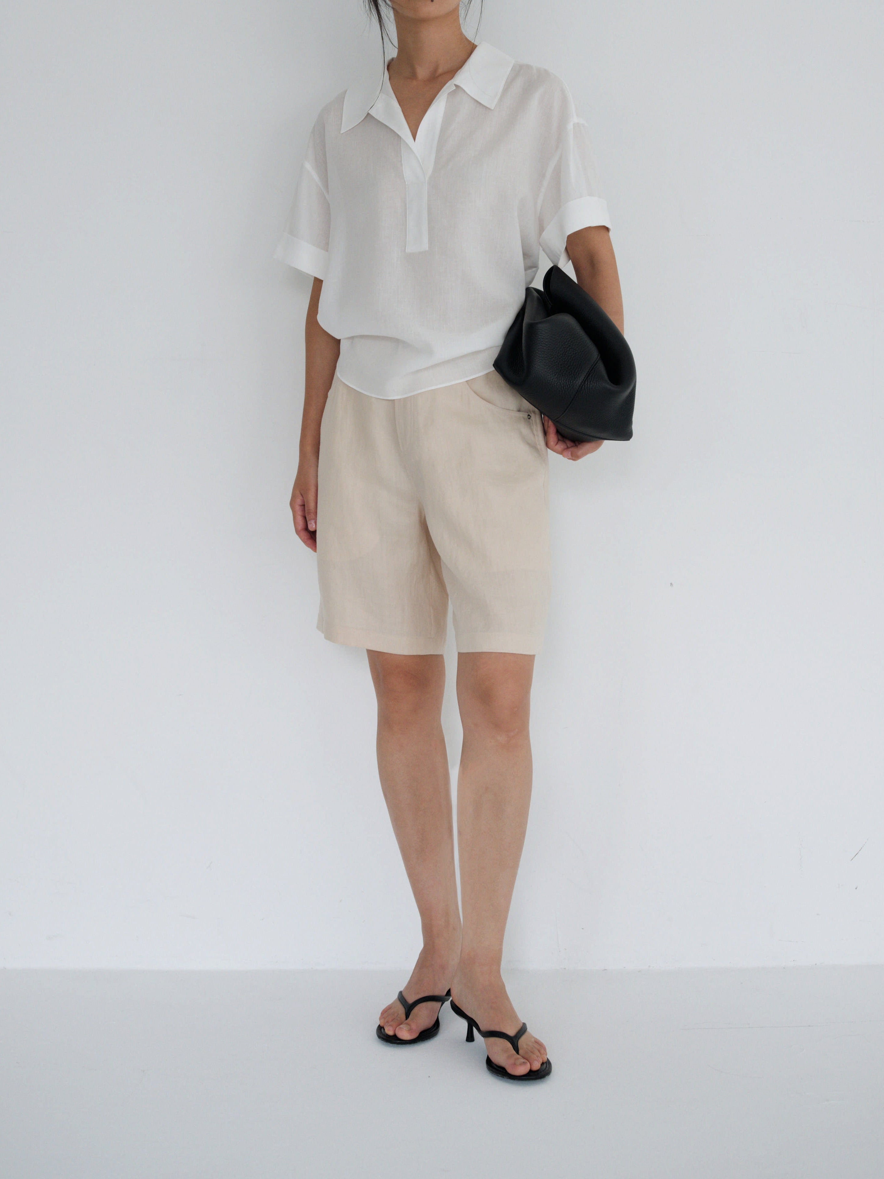 LINEN DENIM BERMUDA - Light Beige