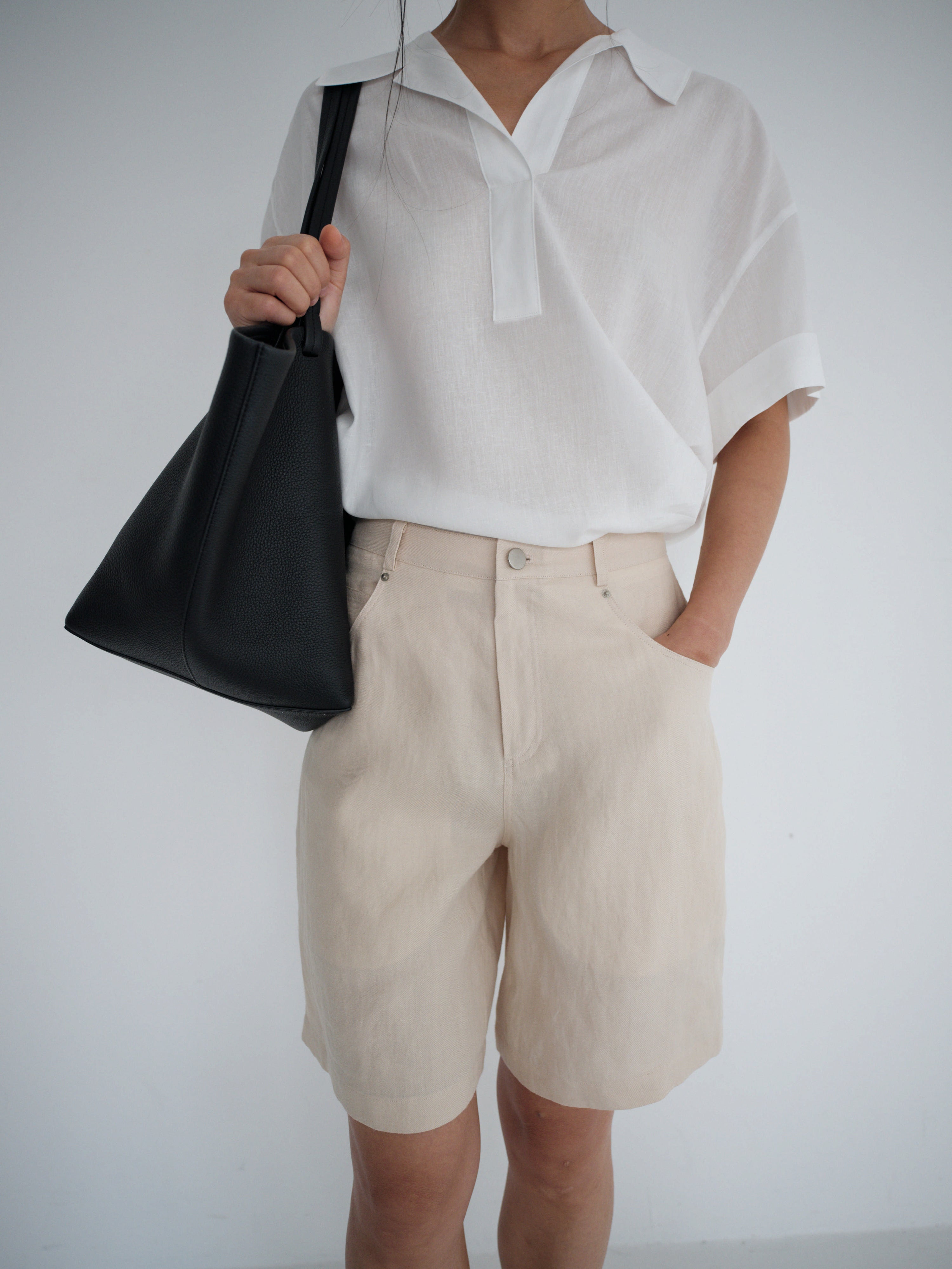 LINEN DENIM BERMUDA - Light Beige